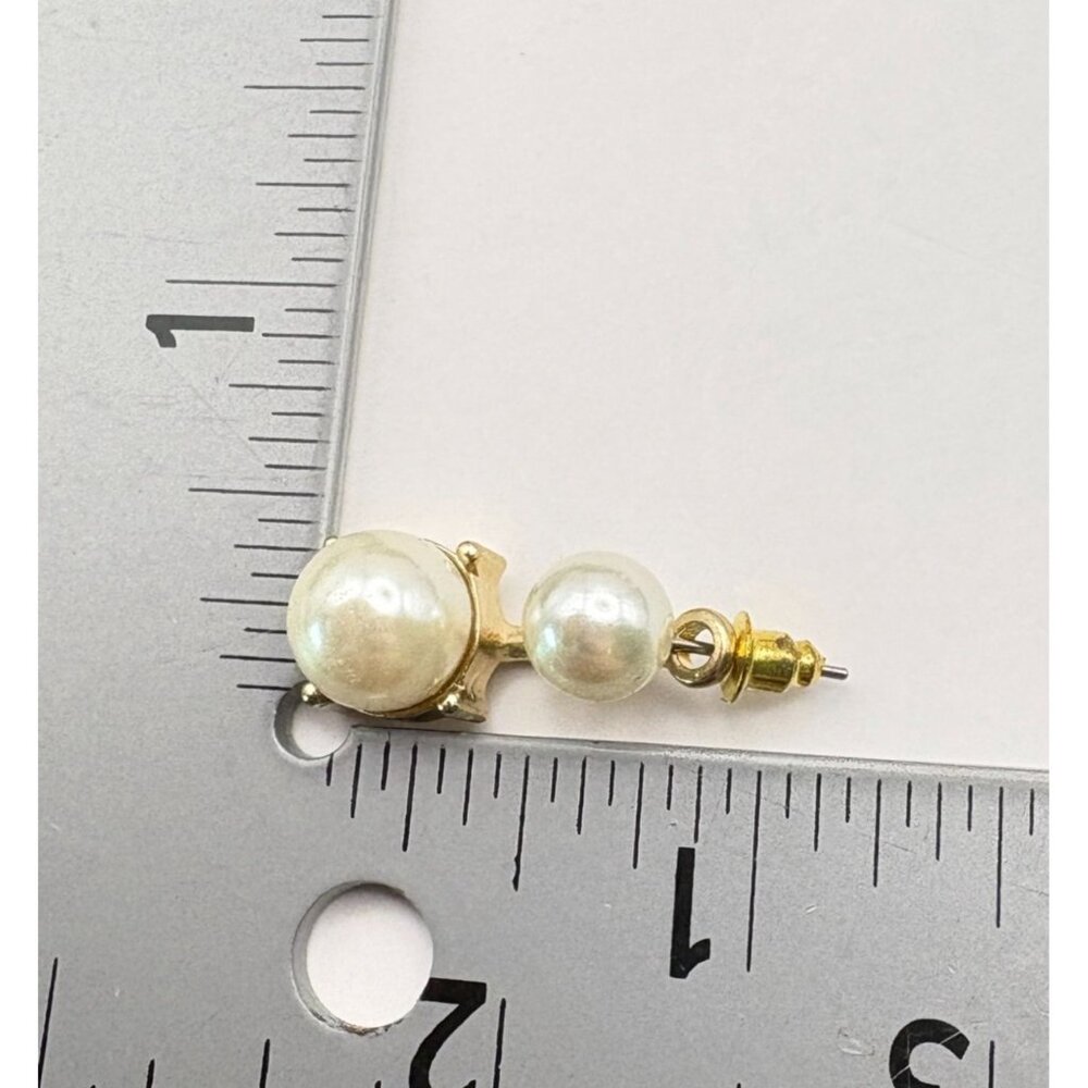 Faux Pearl Gold Tone Double Drop Earrings Classic Elegant Style - Picture 3 of 6